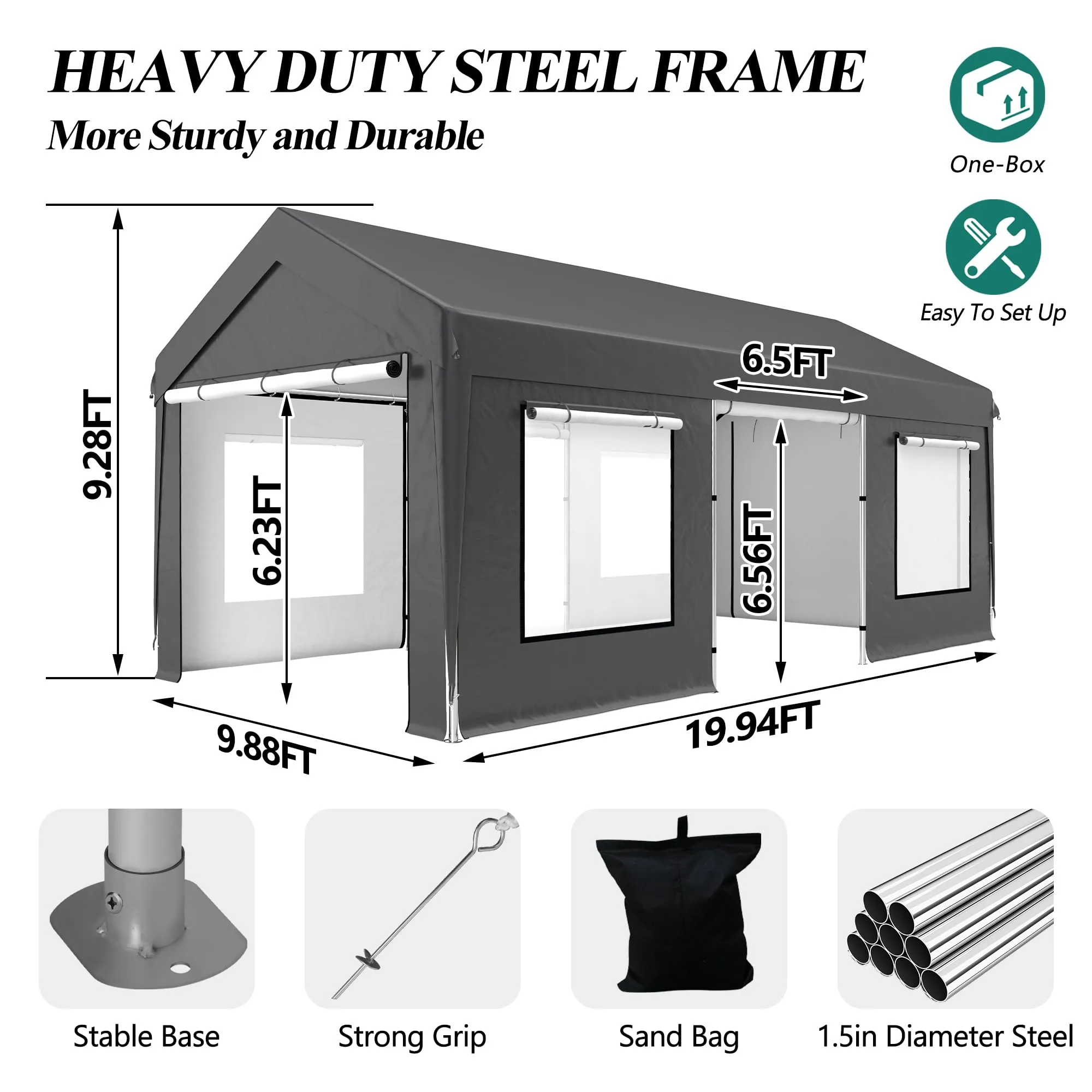 GARTOO Upgrade 10' x 20' Heavy Duty Carport, Extra Large Shelter with Roll-up Ventilated Windows & Side Doors, Portable Garage for Car Boat Truck Auto Shelter Motorcycle Outdoor Events Parties, Gray