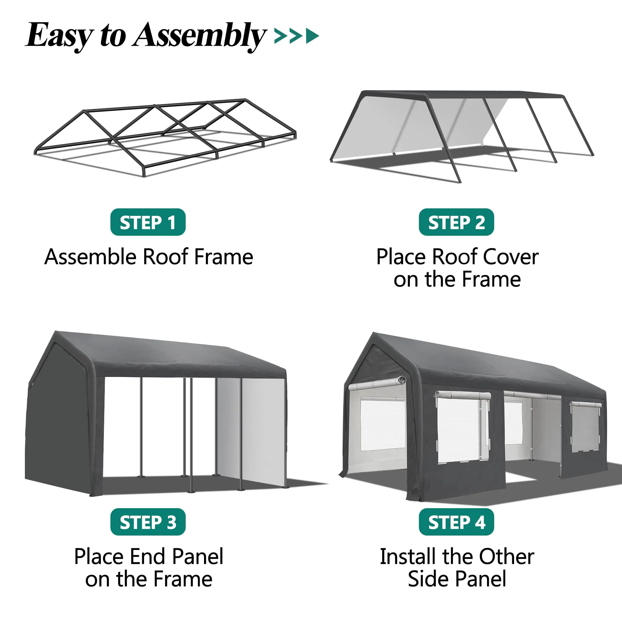 GARTOO Upgrade 10' x 20' Heavy Duty Carport, Extra Large Shelter with Roll-up Ventilated Windows & Side Doors, Portable Garage for Car Boat Truck Auto Shelter Motorcycle Outdoor Events Parties, Gray