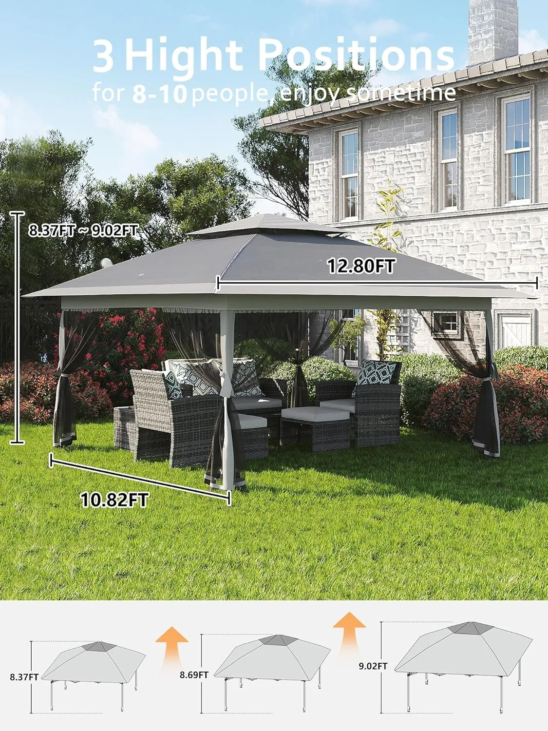 Garvee 13x13FT Pop Up Gazebo, Canopy Tent with Mosquito Netting,Outdoor Gazebos for Backyard & Patio Furniture - Pop Up Tent with Wheeled STO-N-Go Cover Bag(Navy Blue Hemp Grey)