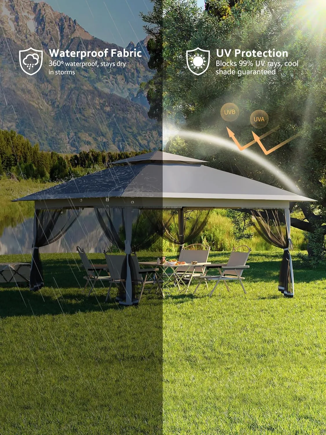 Garvee 13x13FT Pop Up Gazebo, Canopy Tent with Mosquito Netting,Outdoor Gazebos for Backyard & Patio Furniture - Pop Up Tent with Wheeled STO-N-Go Cover Bag(Navy Blue Hemp Grey)