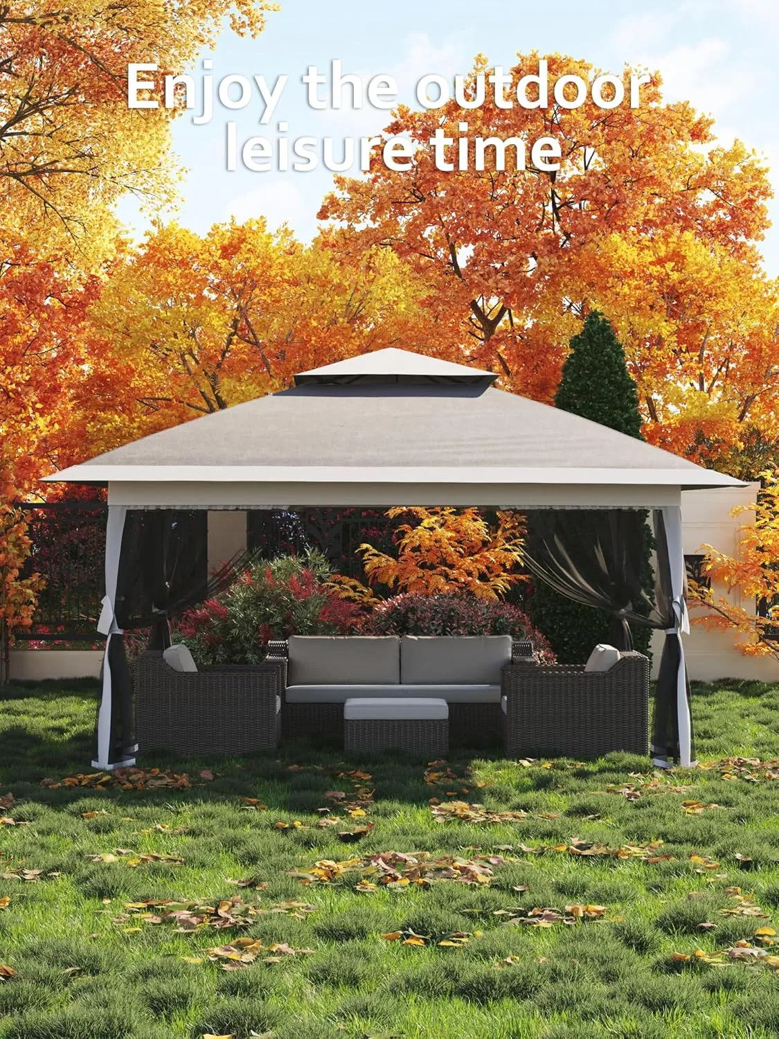 Garvee 13x13FT Pop Up Gazebo, Canopy Tent with Mosquito Netting,Outdoor Gazebos for Backyard & Patio Furniture - Pop Up Tent with Wheeled STO-N-Go Cover Bag(Navy Blue Hemp Grey)