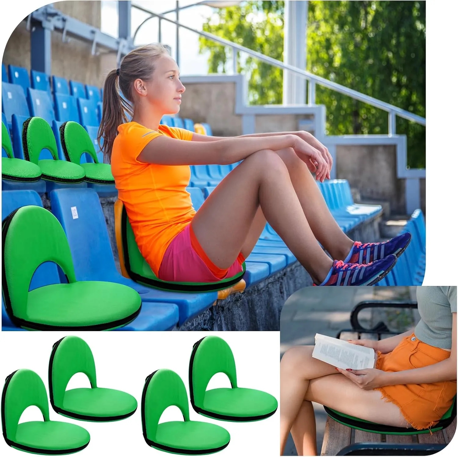 Geetery Folding Stadium Seats for Bleachers with Back Support and Cushion Wide Padded Stadium Chair Foldable Floor Chair for Sport Event Camping Beach, 6 Adjustable Reclining Position