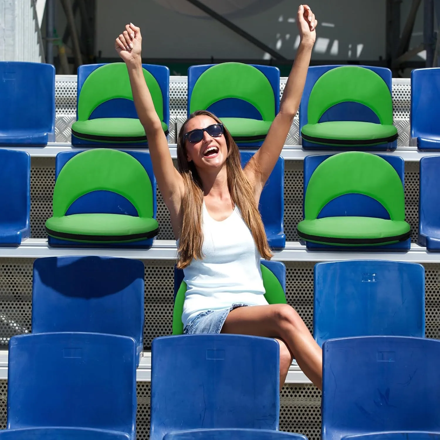Geetery Folding Stadium Seats for Bleachers with Back Support and Cushion Wide Padded Stadium Chair Foldable Floor Chair for Sport Event Camping Beach, 6 Adjustable Reclining Position