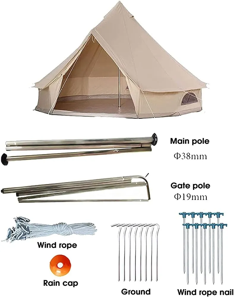 GeRRiT 3/4/5/6m Camping Bell Tent 4-Season Family Tent Outdoor Hiking Hunting Yurt Tent with Zipped Groundsheet and Chimney Hello, Khaki