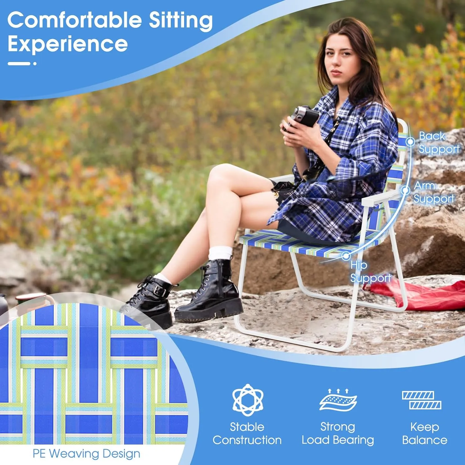 Giantex 4-Pack Beach Chairs for Adults, Camping Chair with Steel Frame, Lightweight Folding Directors Chairs for Outdoor Webbing Patio, Fishing, Yard, Poolside Lawn Chairs Set of 4 (Blue)