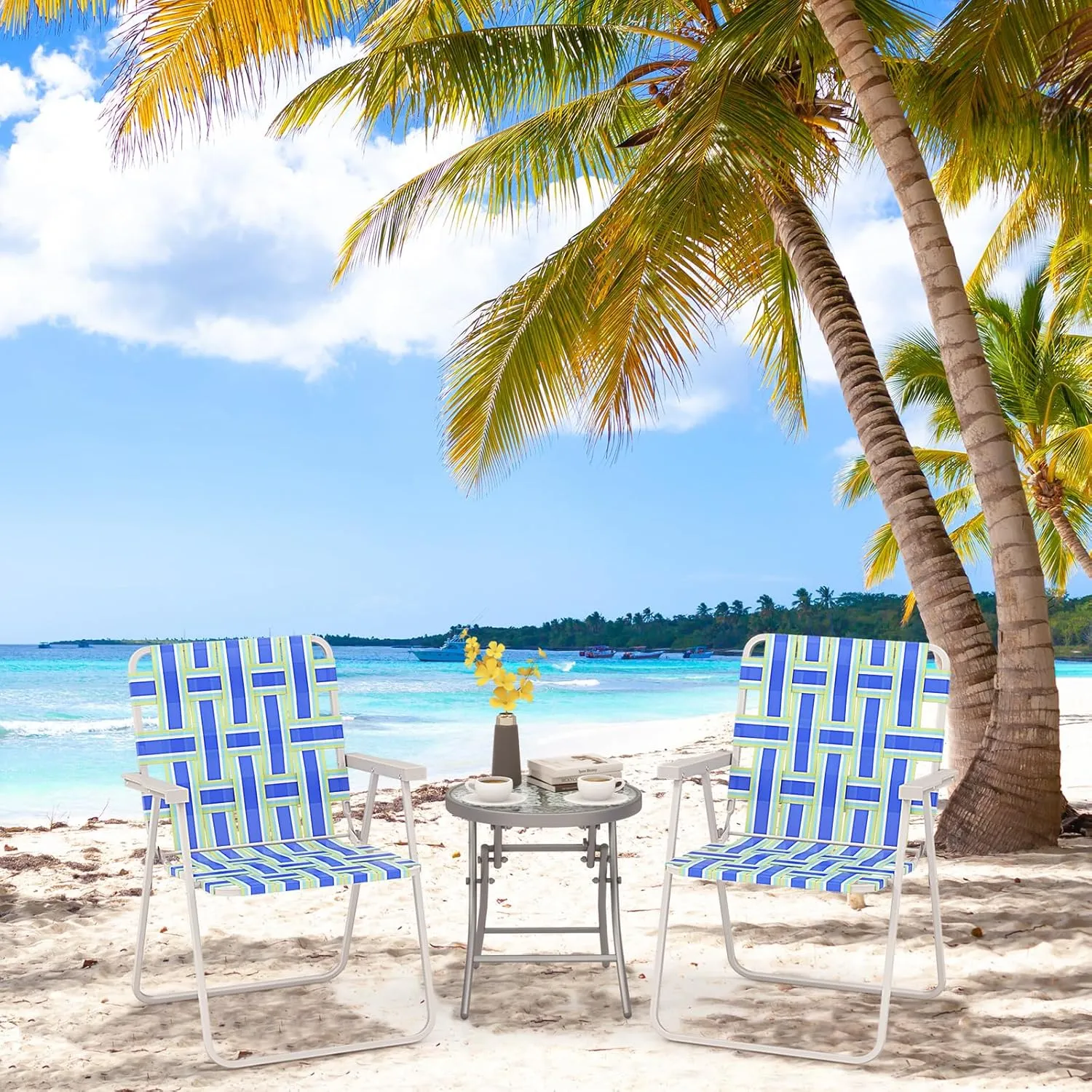 Giantex 4-Pack Beach Chairs for Adults, Camping Chair with Steel Frame, Lightweight Folding Directors Chairs for Outdoor Webbing Patio, Fishing, Yard, Poolside Lawn Chairs Set of 4 (Blue)