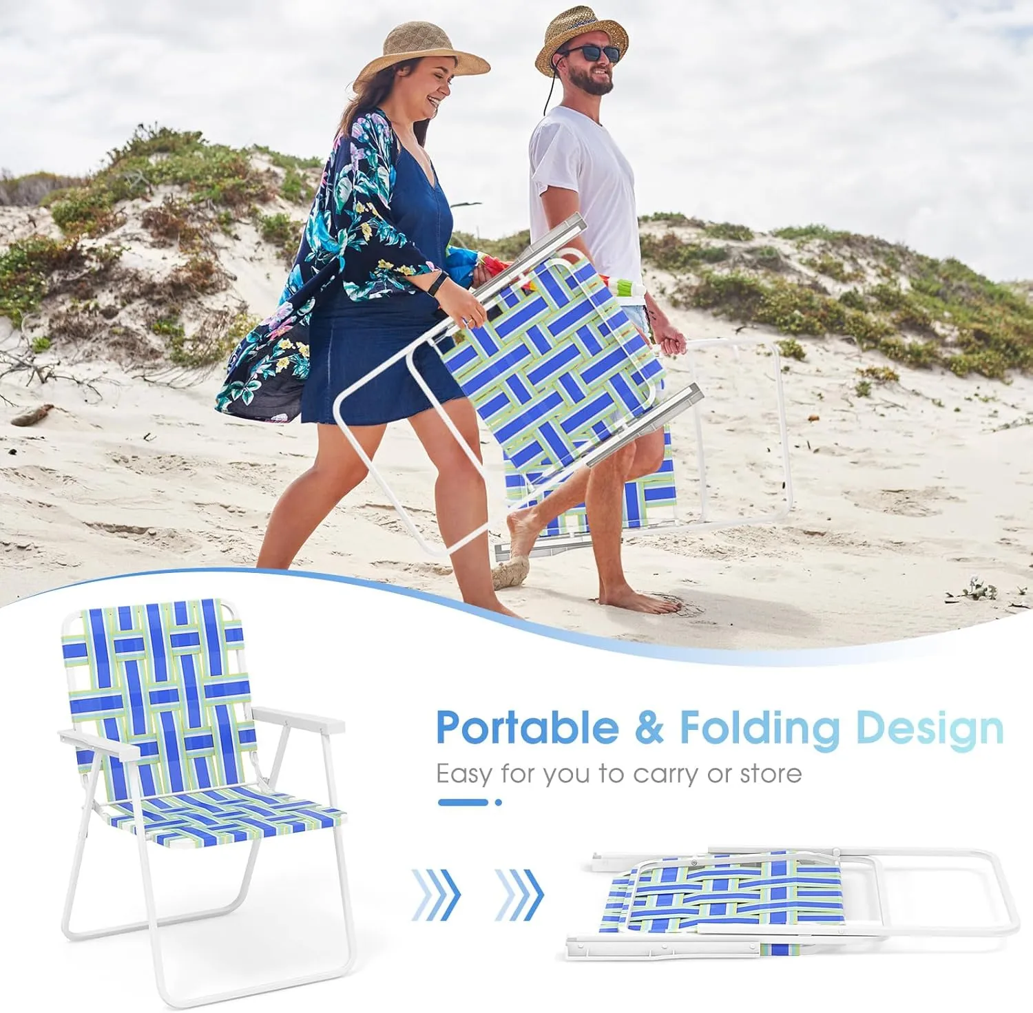 Giantex 4-Pack Beach Chairs for Adults, Camping Chair with Steel Frame, Lightweight Folding Directors Chairs for Outdoor Webbing Patio, Fishing, Yard, Poolside Lawn Chairs Set of 4 (Blue)