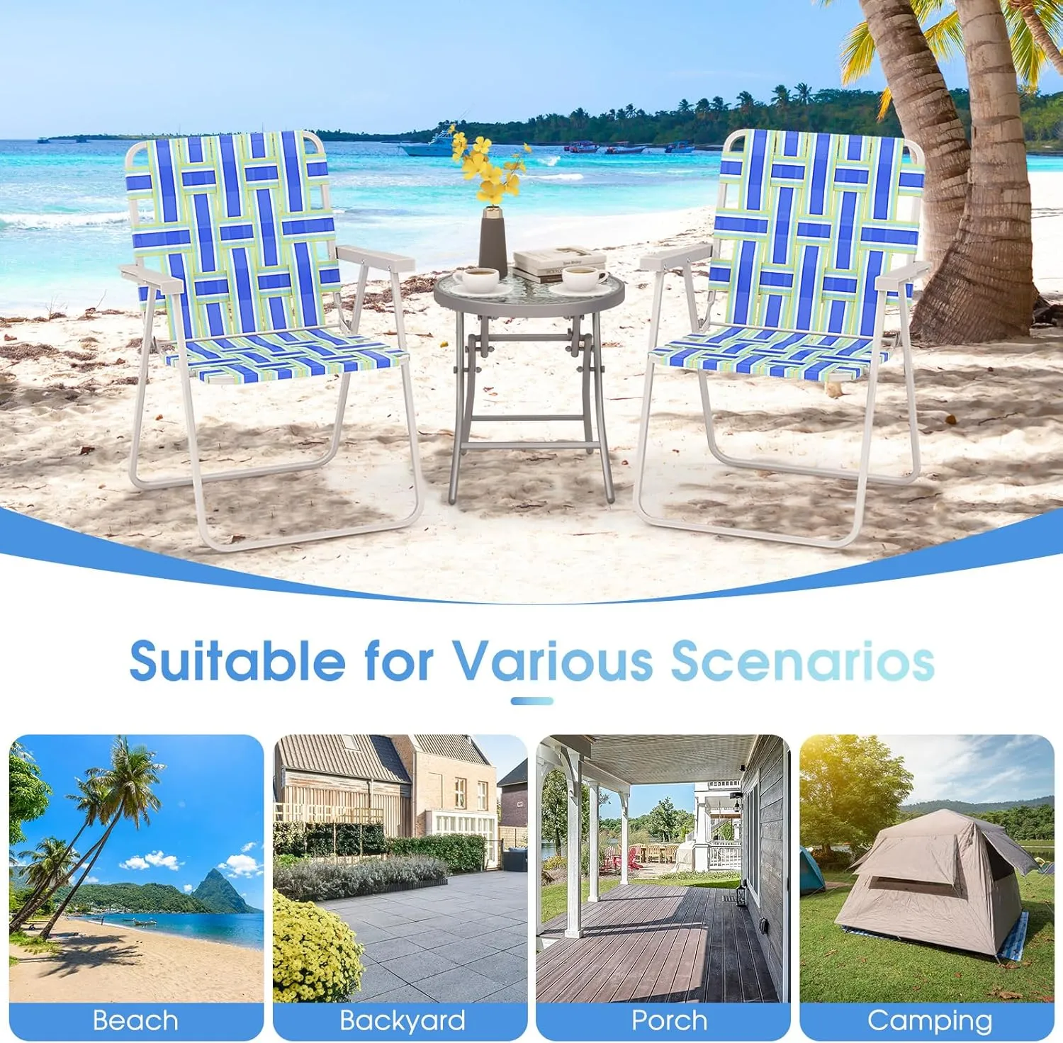 Giantex 4-Pack Beach Chairs for Adults, Camping Chair with Steel Frame, Lightweight Folding Directors Chairs for Outdoor Webbing Patio, Fishing, Yard, Poolside Lawn Chairs Set of 4 (Blue)