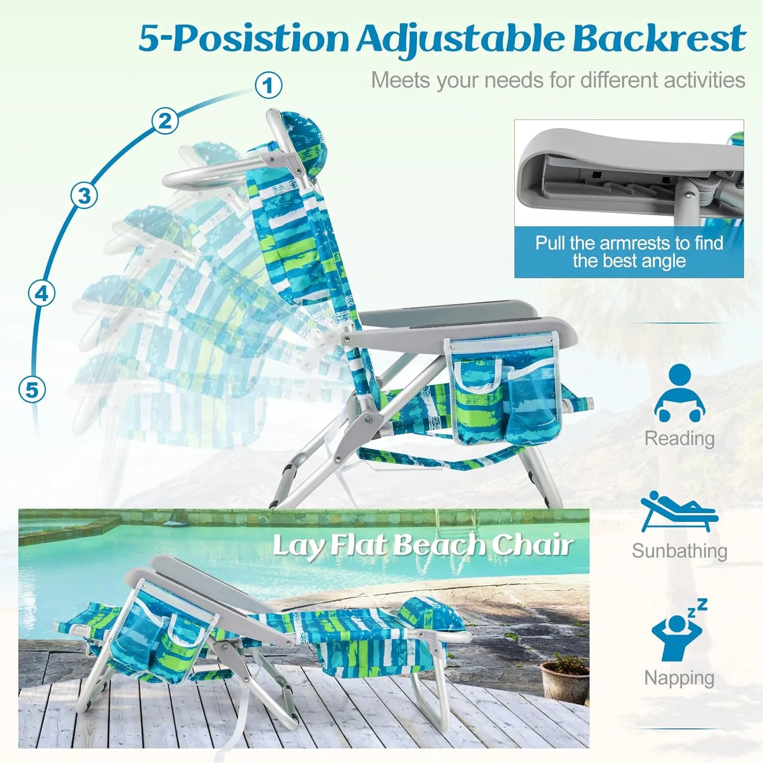 Giantex Backpack Beach Chair, Foldable Camping Chair with 5 Adjustable Position, Cup Holder, Side Pockets, Straps, Towel Bar, 330lbs Capacity, Low Beach Lounge, Lay Flat Lawn Chairs for Patio Outdoor