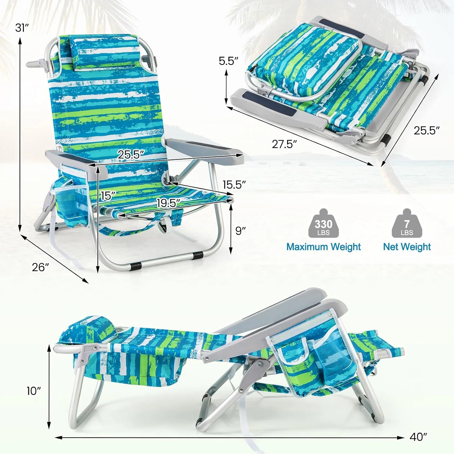 Giantex Backpack Beach Chair, Foldable Camping Chair with 5 Adjustable Position, Cup Holder, Side Pockets, Straps, Towel Bar, 330lbs Capacity, Low Beach Lounge, Lay Flat Lawn Chairs for Patio Outdoor