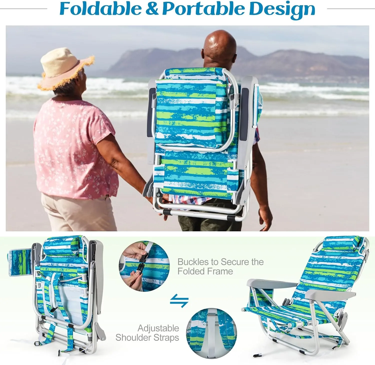 Giantex Backpack Beach Chair, Foldable Camping Chair with 5 Adjustable Position, Cup Holder, Side Pockets, Straps, Towel Bar, 330lbs Capacity, Low Beach Lounge, Lay Flat Lawn Chairs for Patio Outdoor
