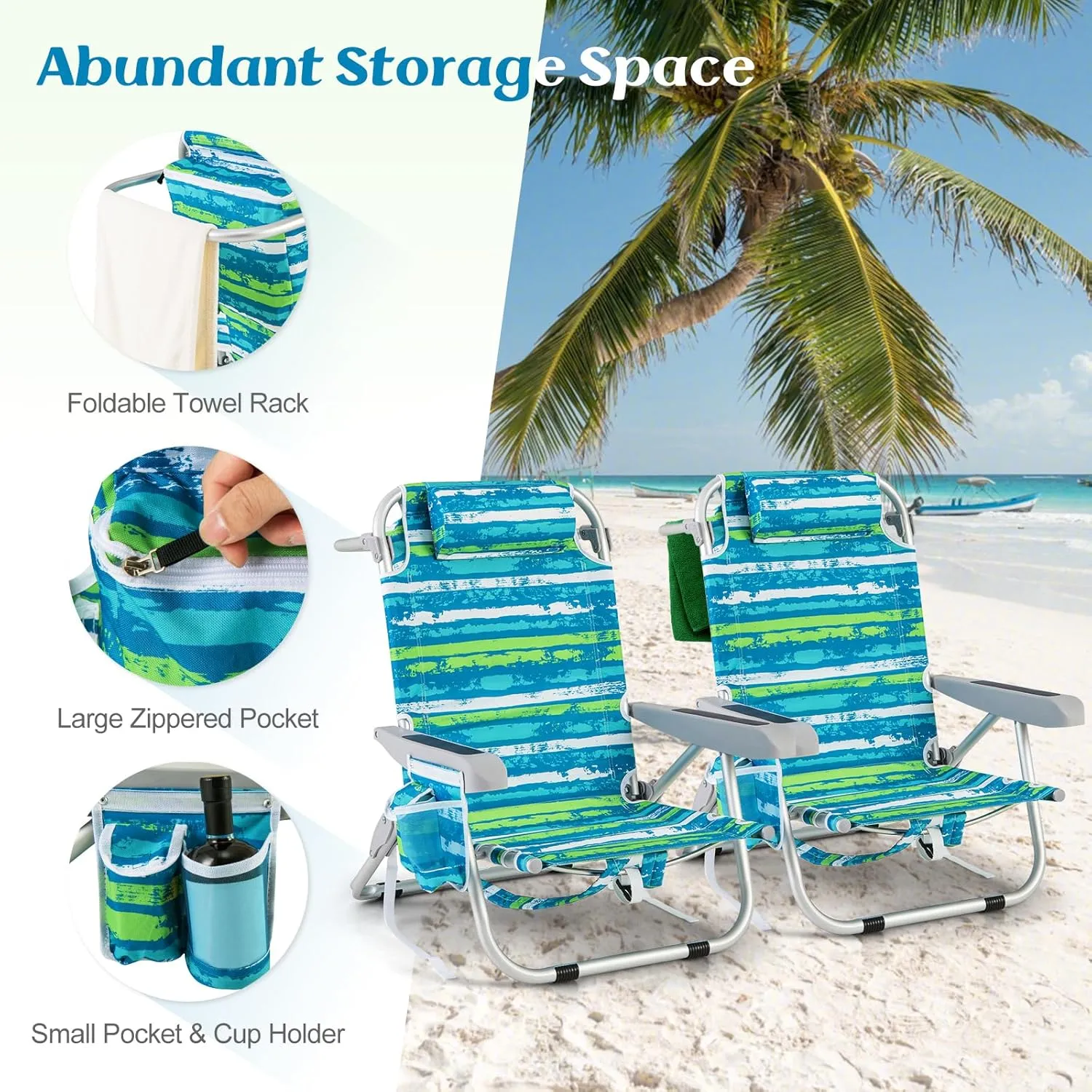 Giantex Backpack Beach Chair, Foldable Camping Chair with 5 Adjustable Position, Cup Holder, Side Pockets, Straps, Towel Bar, 330lbs Capacity, Low Beach Lounge, Lay Flat Lawn Chairs for Patio Outdoor