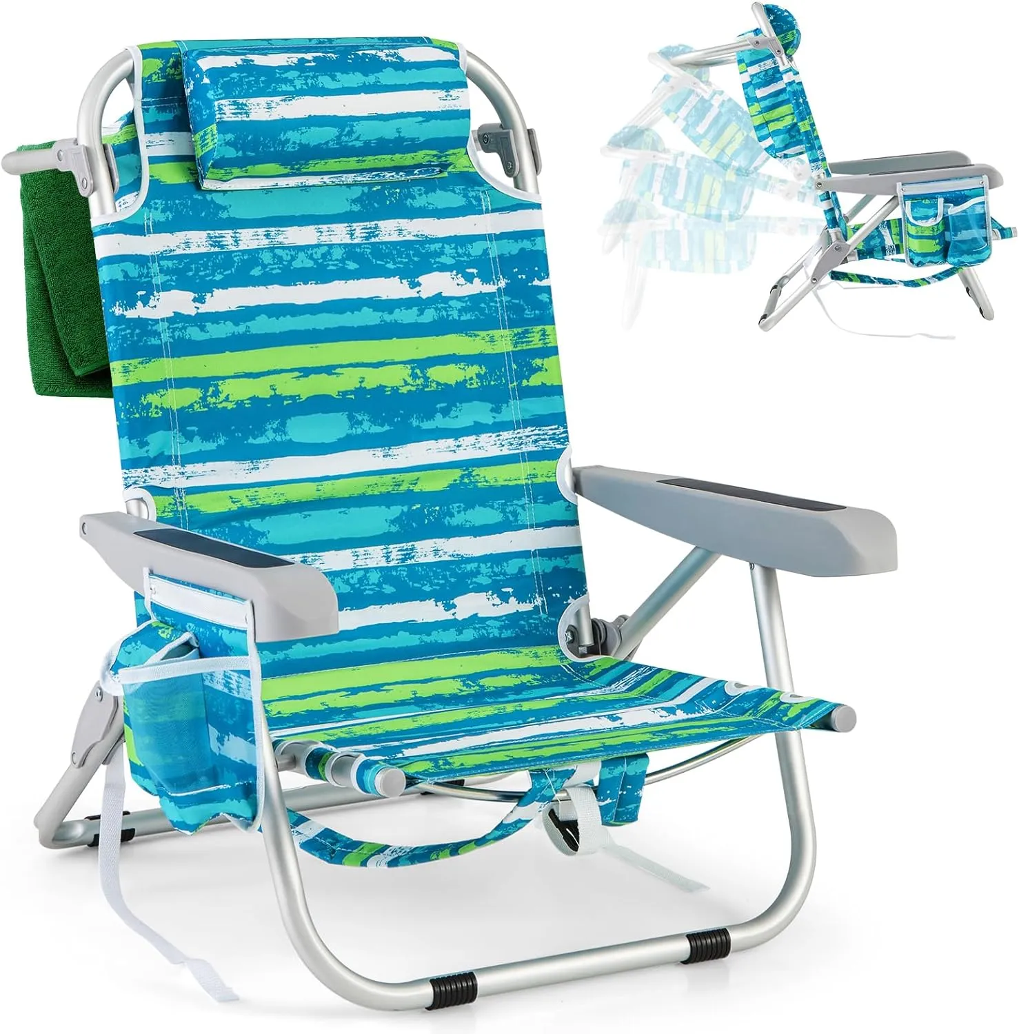 Giantex Backpack Beach Chair, Foldable Camping Chair with 5 Adjustable Position, Cup Holder, Side Pockets, Straps, Towel Bar, 330lbs Capacity, Low Beach Lounge, Lay Flat Lawn Chairs for Patio Outdoor