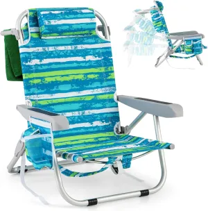 Giantex Backpack Beach Chair, Foldable Camping Chair with 5 Adjustable Position, Cup Holder, Side Pockets, Straps, Towel Bar, 330lbs Capacity, Low Beach Lounge, Lay Flat Lawn Chairs for Patio Outdoor