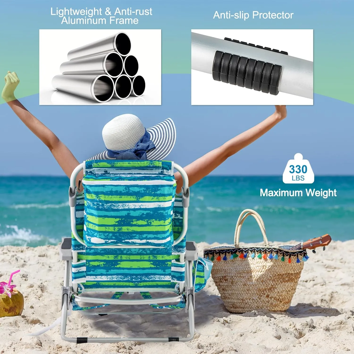 Giantex Backpack Beach Chair, Foldable Camping Chair with 5 Adjustable Position, Cup Holder, Side Pockets, Straps, Towel Bar, 330lbs Capacity, Low Beach Lounge, Lay Flat Lawn Chairs for Patio Outdoor