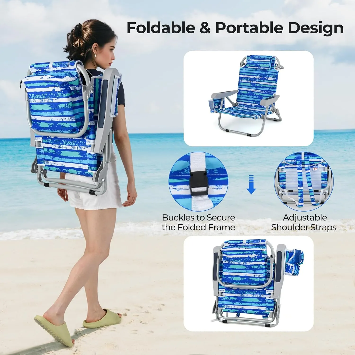 Giantex Backpack Beach Chair, Foldable Camping Chair with 5 Adjustable Position, Cup Holder, Storage Pockets, Straps, Towel Rack, Pillow, Lay Flat Lawn Chair for Patio Outdoor (1,Blue Stripe)