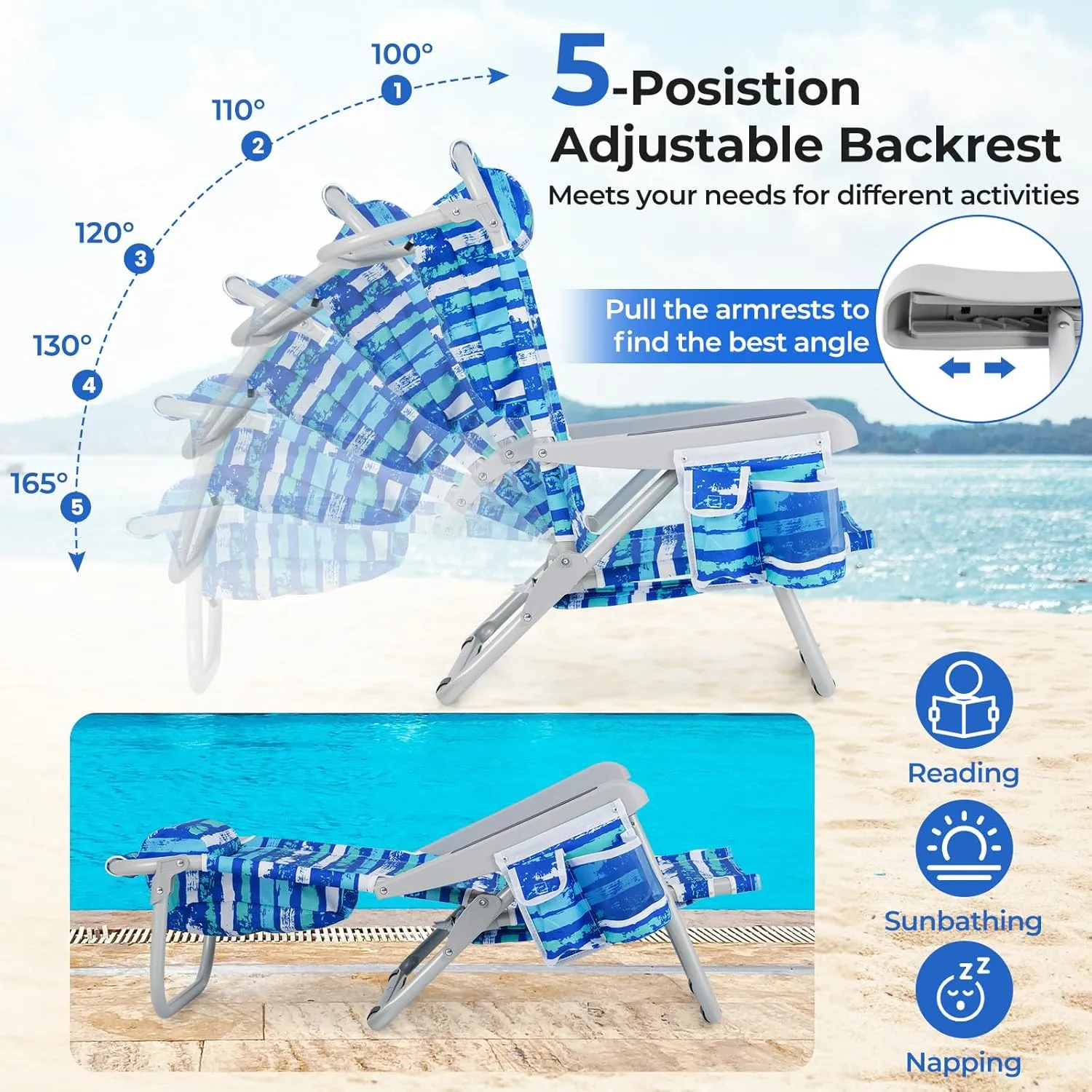 Giantex Backpack Beach Chair, Foldable Camping Chair with 5 Adjustable Position, Cup Holder, Storage Pockets, Straps, Towel Rack, Pillow, Lay Flat Lawn Chair for Patio Outdoor (1,Blue Stripe)