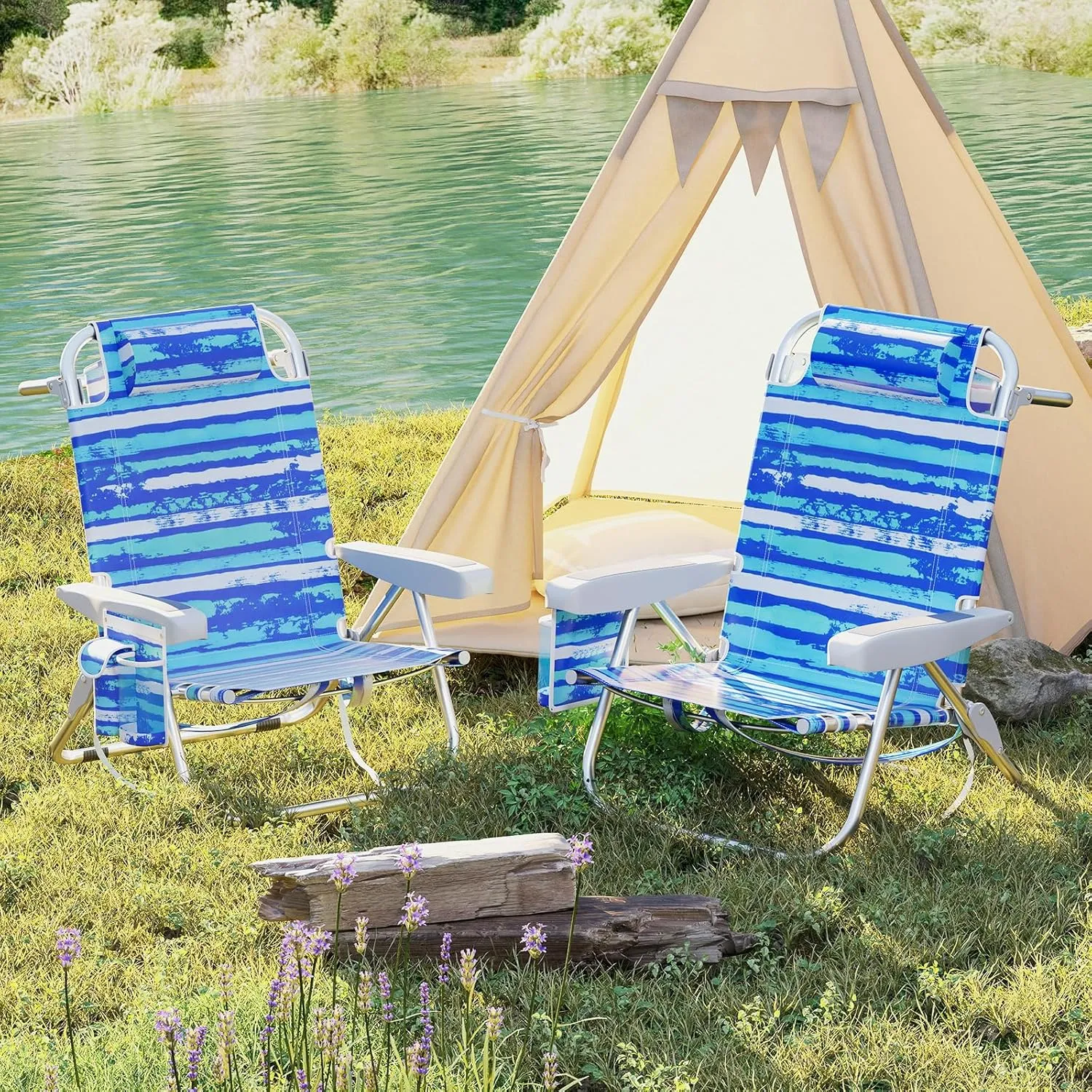 Giantex Backpack Beach Chair, Foldable Camping Chair with 5 Adjustable Position, Cup Holder, Storage Pockets, Straps, Towel Rack, Pillow, Lay Flat Lawn Chair for Patio Outdoor (1,Blue Stripe)