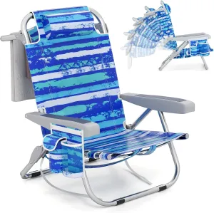 Giantex Backpack Beach Chair, Foldable Camping Chair with 5 Adjustable Position, Cup Holder, Storage Pockets, Straps, Towel Rack, Pillow, Lay Flat Lawn Chair for Patio Outdoor (1,Blue Stripe)