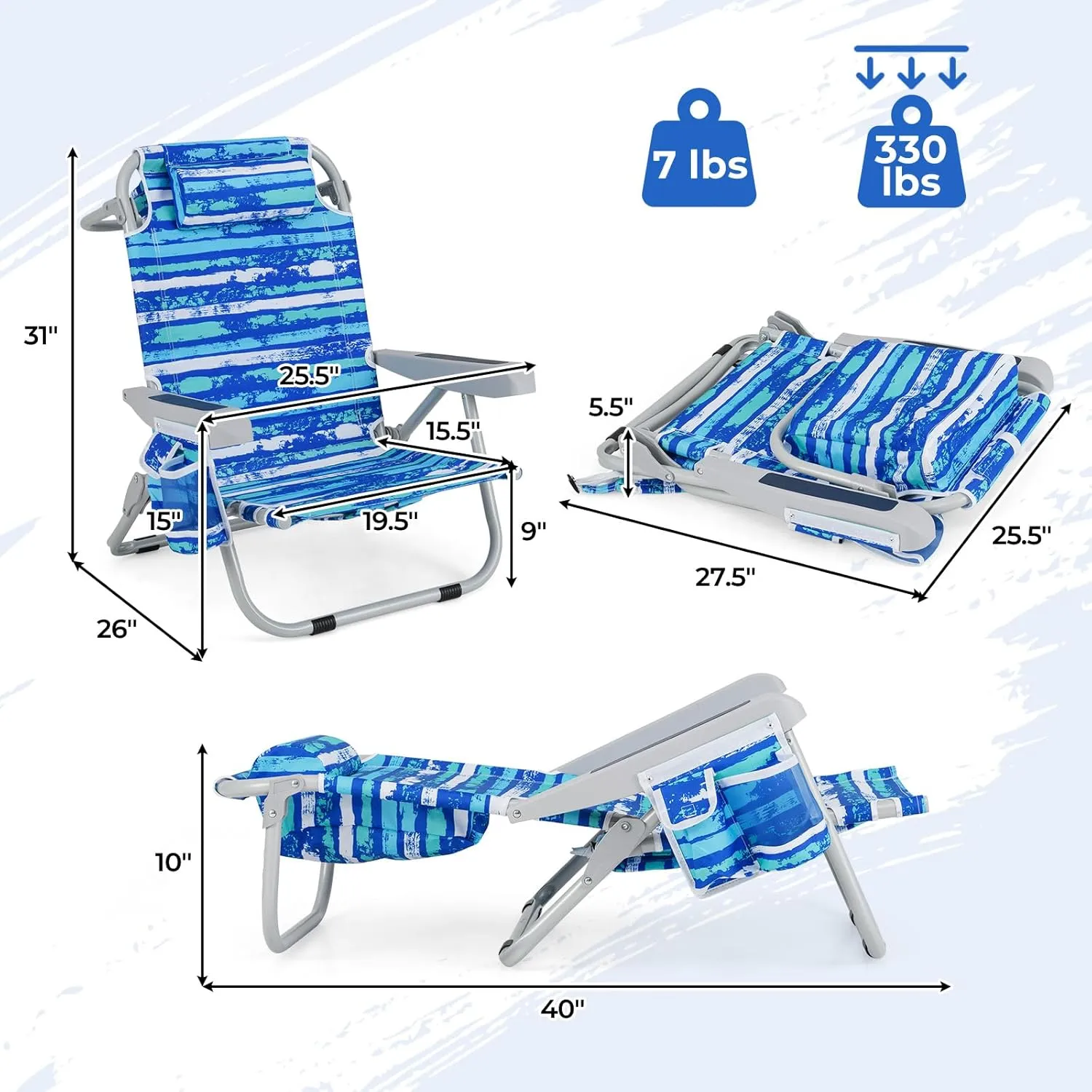 Giantex Backpack Beach Chair, Foldable Camping Chair with 5 Adjustable Position, Cup Holder, Storage Pockets, Straps, Towel Rack, Pillow, Lay Flat Lawn Chair for Patio Outdoor (1,Blue Stripe)
