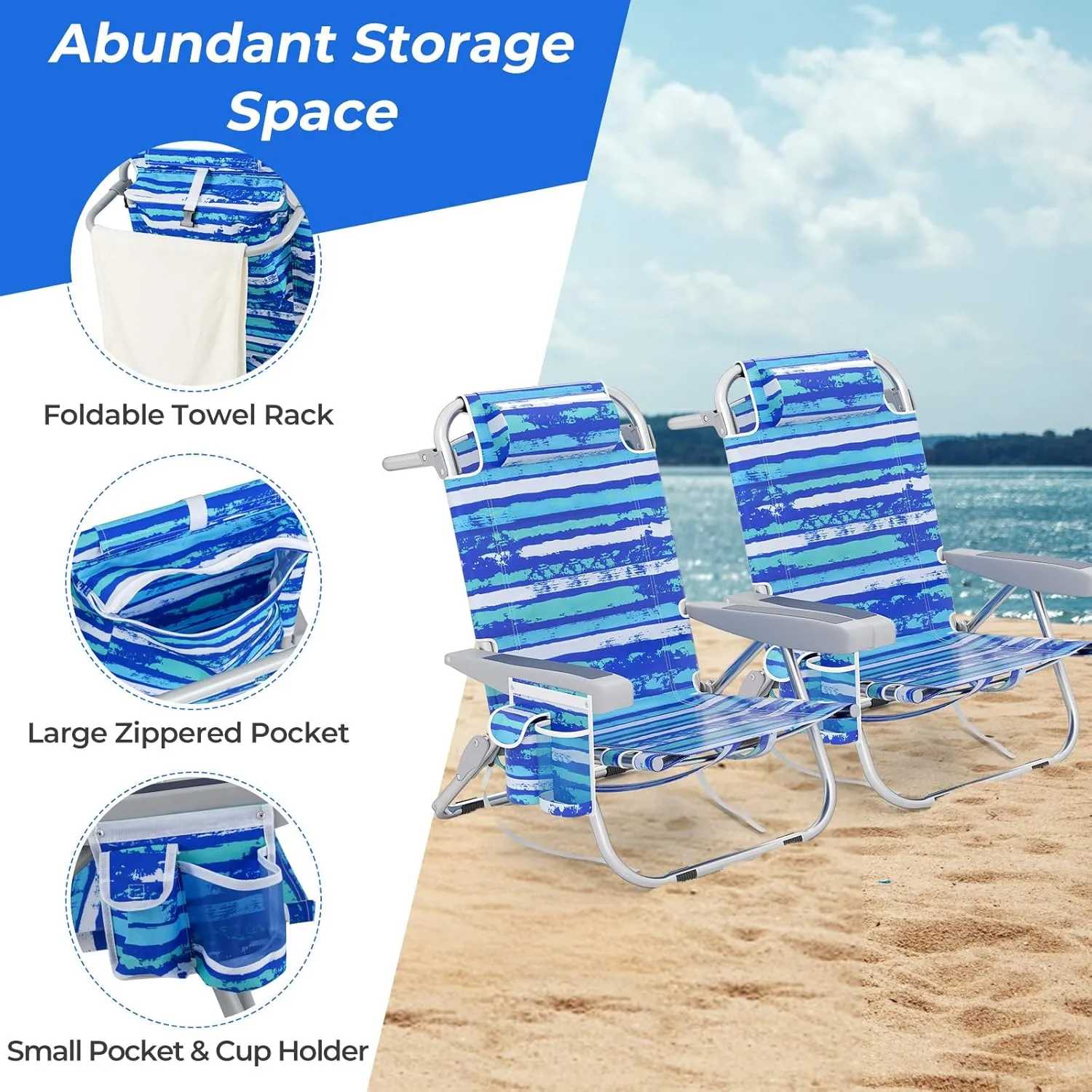 Giantex Backpack Beach Chair, Foldable Camping Chair with 5 Adjustable Position, Cup Holder, Storage Pockets, Straps, Towel Rack, Pillow, Lay Flat Lawn Chair for Patio Outdoor (1,Blue Stripe)