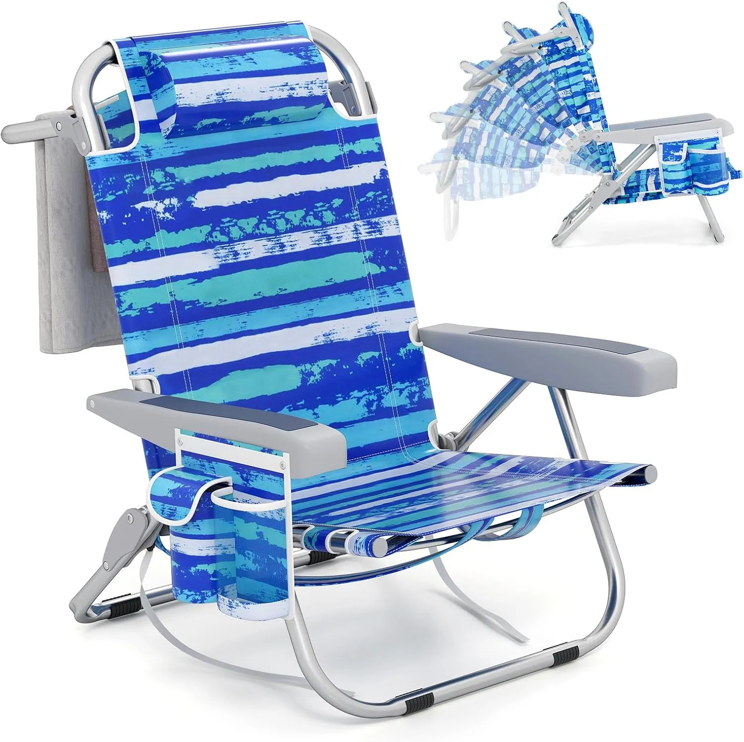 Giantex Backpack Beach Chair, Foldable Camping Chair with 5 Adjustable Position, Cup Holder, Storage Pockets, Straps, Towel Rack, Pillow, Lay Flat Lawn Chair for Patio Outdoor (1,Blue Stripe)