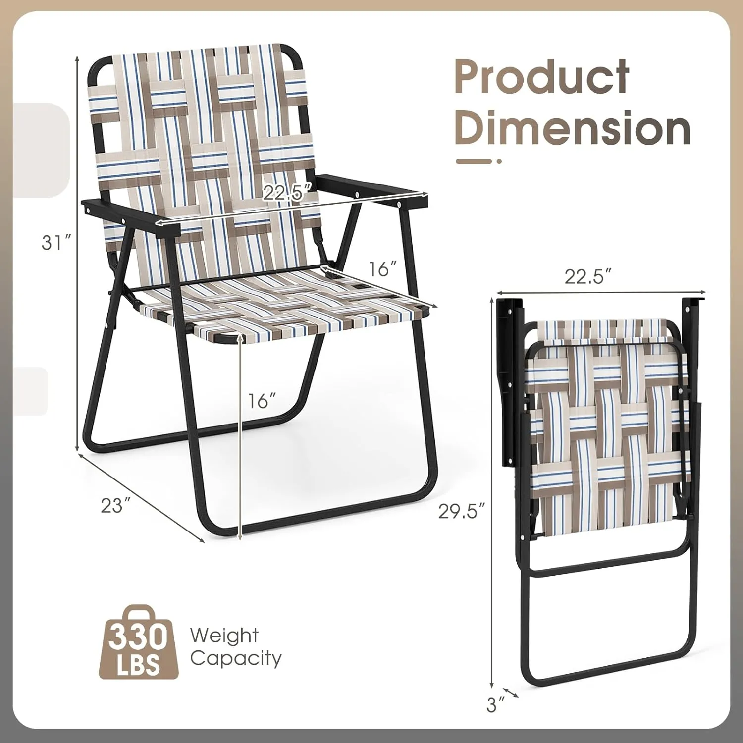 Giantex Beach Chairs for Adults 6-Pack - Camping Chair with Steel Frame, Lightweight Folding Directors Chair, Outdoor Webbing Chair for Patio, Fishing, Yard, Poolside Lawn Chairs Set of 6 (Khaki)