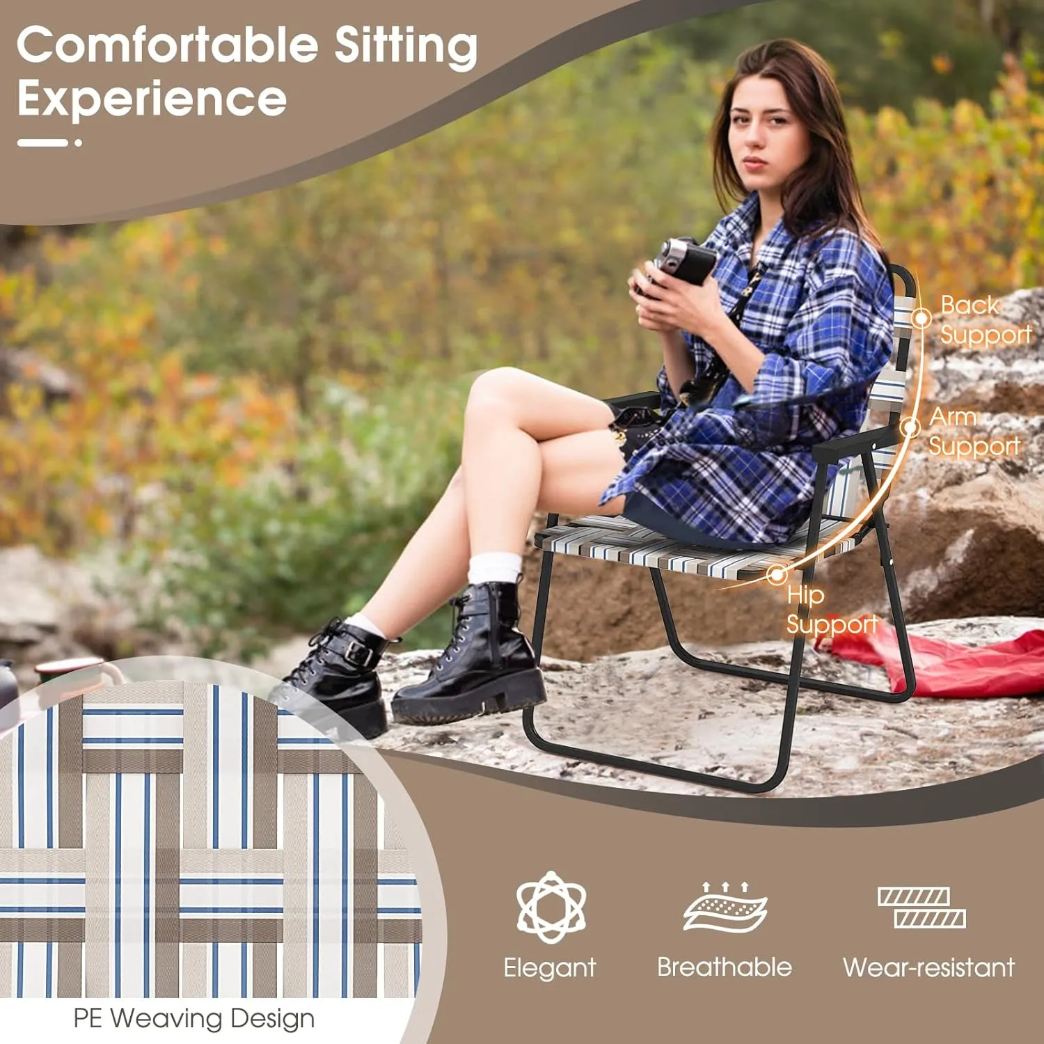 Giantex Beach Chairs for Adults 6-Pack - Camping Chair with Steel Frame, Lightweight Folding Directors Chair, Outdoor Webbing Chair for Patio, Fishing, Yard, Poolside Lawn Chairs Set of 6 (Khaki)