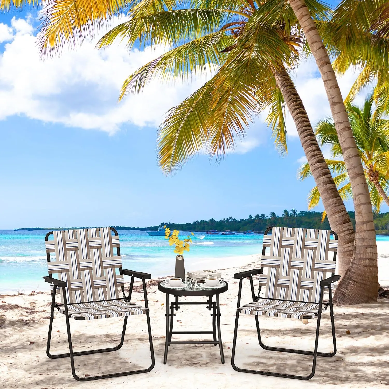 Giantex Beach Chairs for Adults 6-Pack - Camping Chair with Steel Frame, Lightweight Folding Directors Chair, Outdoor Webbing Chair for Patio, Fishing, Yard, Poolside Lawn Chairs Set of 6 (Khaki)