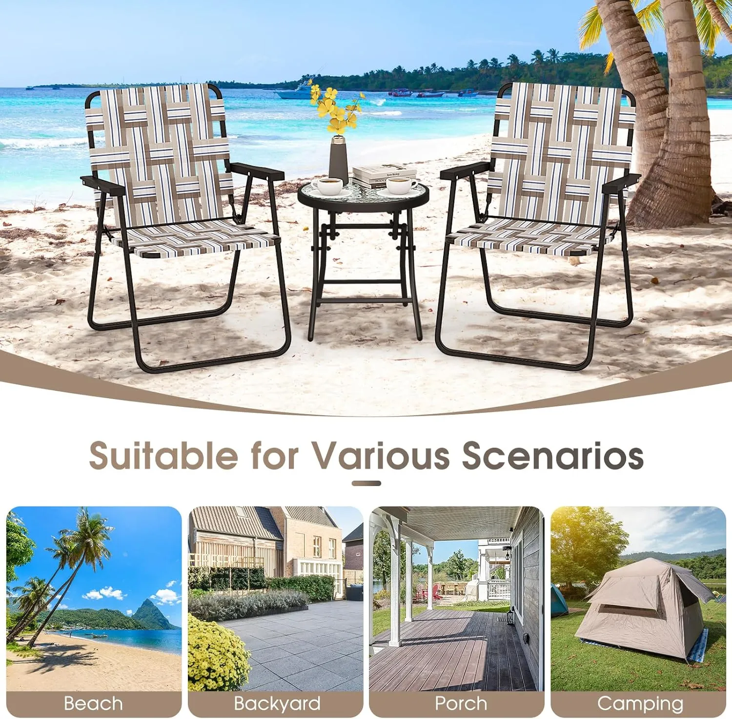 Giantex Beach Chairs for Adults 6-Pack - Camping Chair with Steel Frame, Lightweight Folding Directors Chair, Outdoor Webbing Chair for Patio, Fishing, Yard, Poolside Lawn Chairs Set of 6 (Khaki)