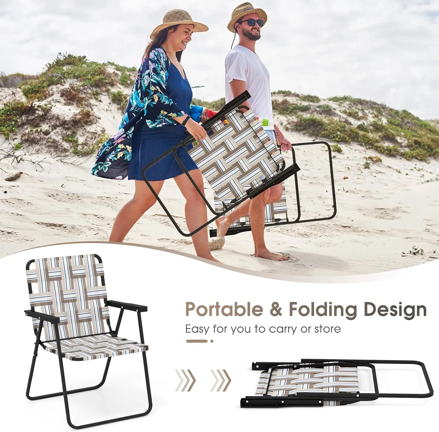 Giantex Beach Chairs for Adults 6-Pack - Camping Chair with Steel Frame, Lightweight Folding Directors Chair, Outdoor Webbing Chair for Patio, Fishing, Yard, Poolside Lawn Chairs Set of 6 (Khaki)