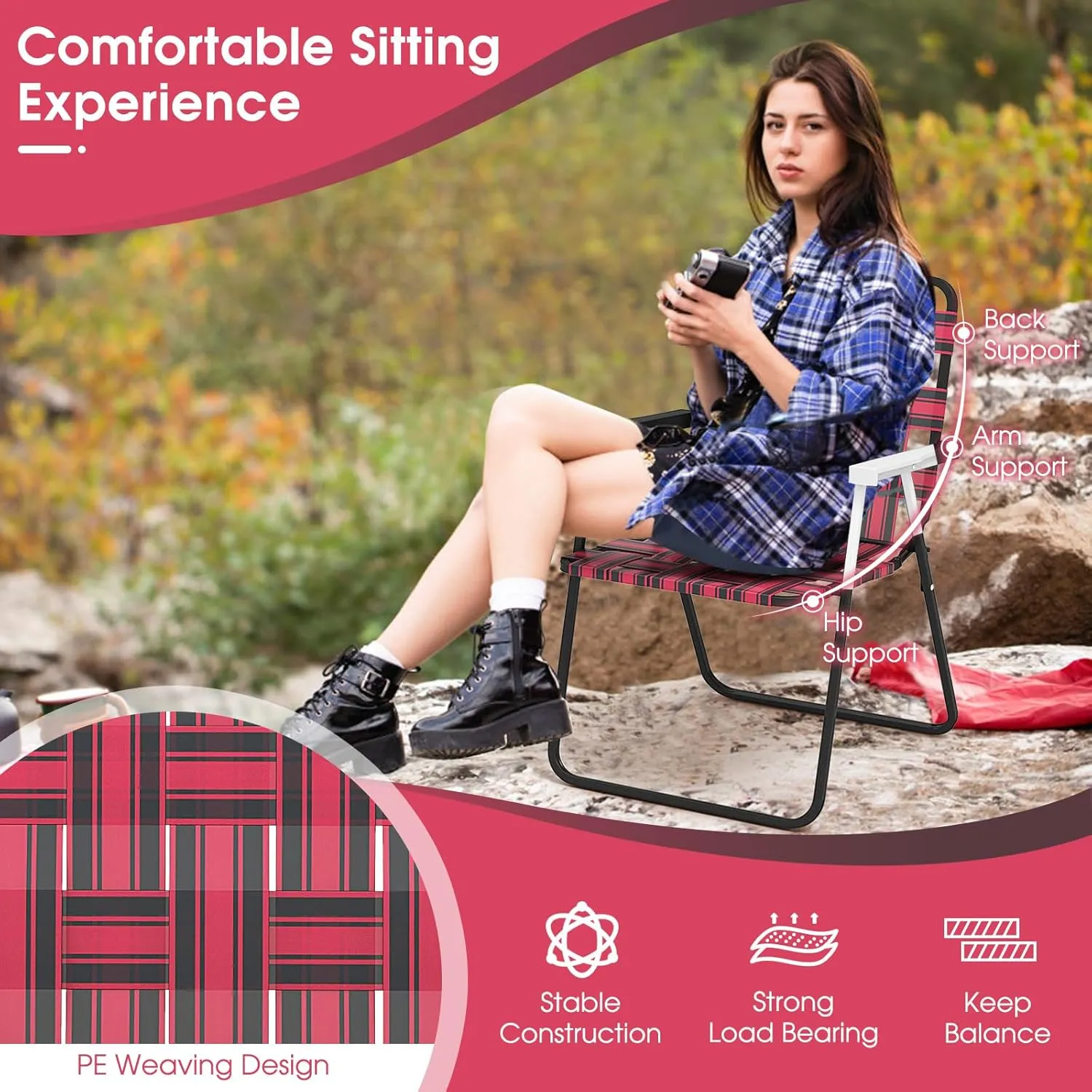 Giantex Beach Chairs Set of 6, Patio Folding Lawn Chairs for Adults, Outdoor Webbing Chair w/Steel Frame, Lightweight & Portable Camping Chairs for Fishing, Yard, Garden, Poolside Webbed Chairs, Red