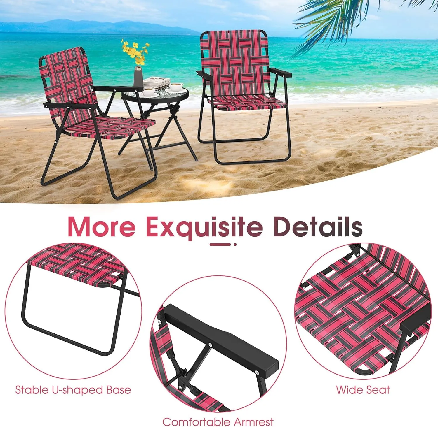 Giantex Beach Chairs Set of 6, Patio Folding Lawn Chairs for Adults, Outdoor Webbing Chair w/Steel Frame, Lightweight & Portable Camping Chairs for Fishing, Yard, Garden, Poolside Webbed Chairs, Red
