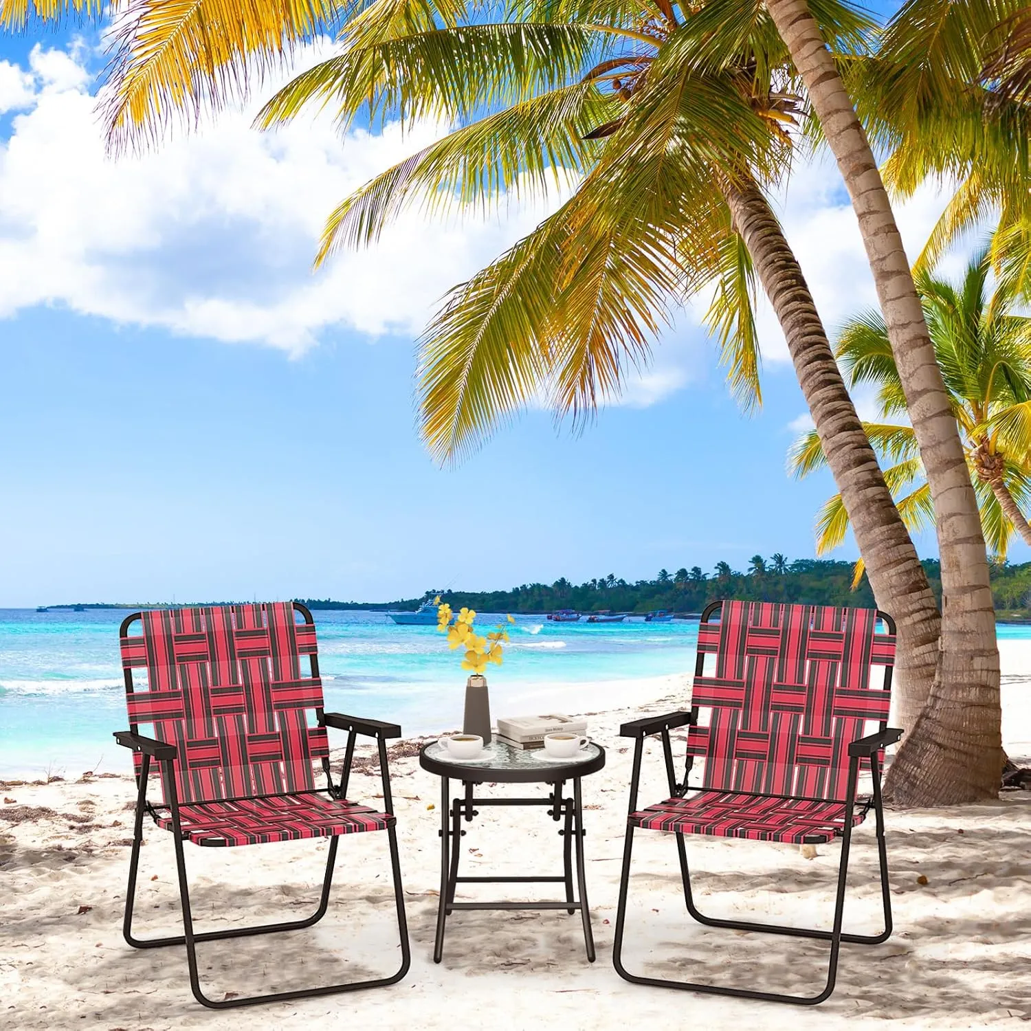Giantex Beach Chairs Set of 6, Patio Folding Lawn Chairs for Adults, Outdoor Webbing Chair w/Steel Frame, Lightweight & Portable Camping Chairs for Fishing, Yard, Garden, Poolside Webbed Chairs, Red