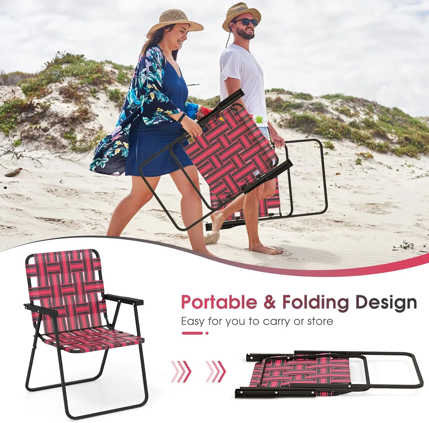 Giantex Beach Chairs Set of 6, Patio Folding Lawn Chairs for Adults, Outdoor Webbing Chair w/Steel Frame, Lightweight & Portable Camping Chairs for Fishing, Yard, Garden, Poolside Webbed Chairs, Red