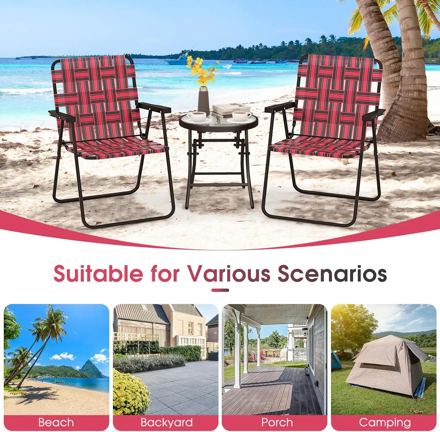 Giantex Beach Chairs Set of 6, Patio Folding Lawn Chairs for Adults, Outdoor Webbing Chair w/Steel Frame, Lightweight & Portable Camping Chairs for Fishing, Yard, Garden, Poolside Webbed Chairs, Red
