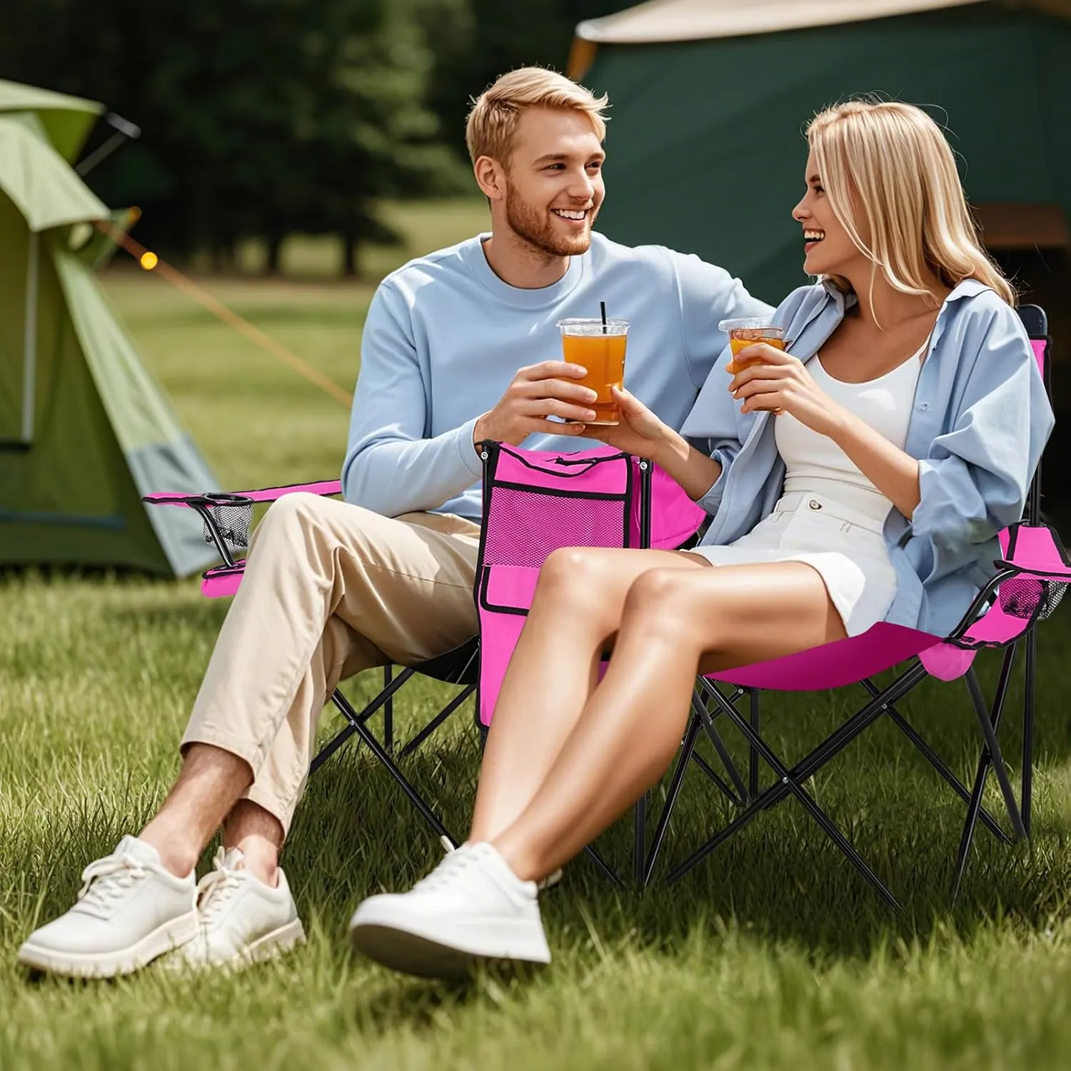 Giantex Double Camping Chair with Umbrella - Folding Picnic Loveseat with Carrying Bag, Cooler Bag, Table, Side Pocket & Cupholder, Portable Beach Chair for Camping, Picnic, Fishing, Beach