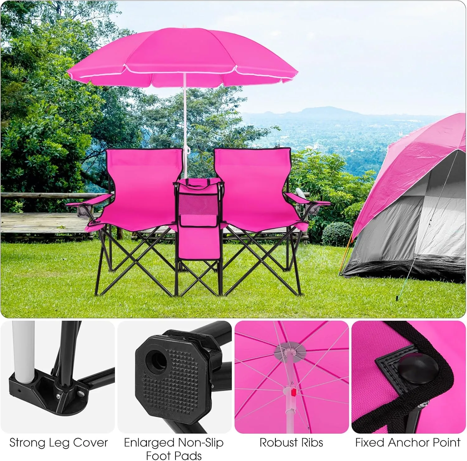 Giantex Double Camping Chair with Umbrella - Folding Picnic Loveseat with Carrying Bag, Cooler Bag, Table, Side Pocket & Cupholder, Portable Beach Chair for Camping, Picnic, Fishing, Beach
