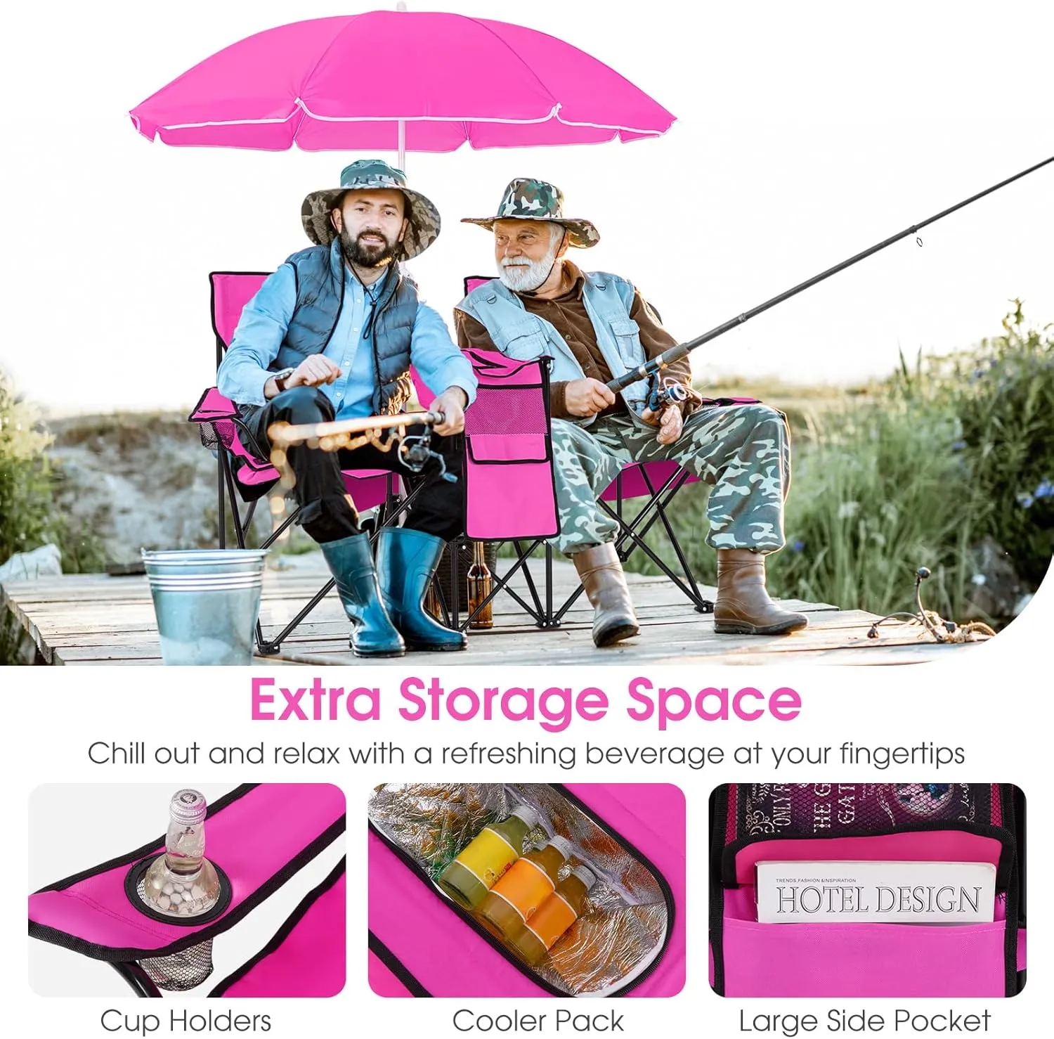 Giantex Double Camping Chair with Umbrella - Folding Picnic Loveseat with Carrying Bag, Cooler Bag, Table, Side Pocket & Cupholder, Portable Beach Chair for Camping, Picnic, Fishing, Beach
