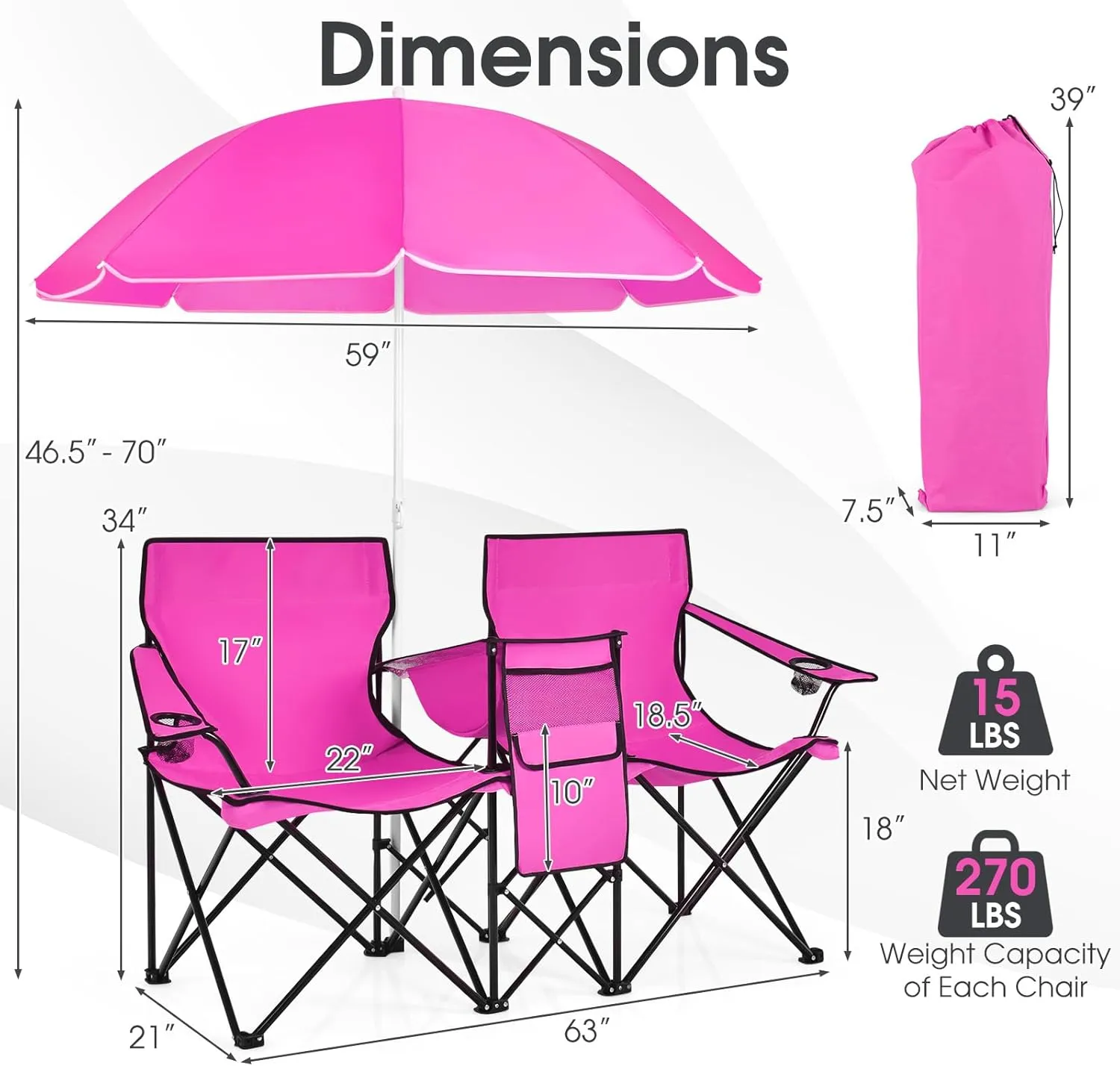 Giantex Double Camping Chair with Umbrella - Folding Picnic Loveseat with Carrying Bag, Cooler Bag, Table, Side Pocket & Cupholder, Portable Beach Chair for Camping, Picnic, Fishing, Beach