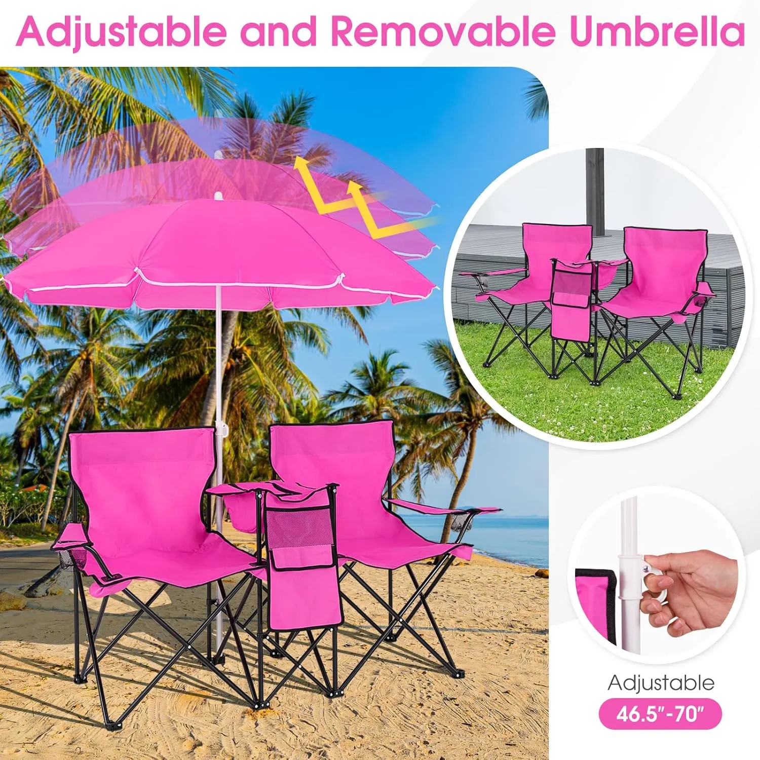 Giantex Double Camping Chair with Umbrella - Folding Picnic Loveseat with Carrying Bag, Cooler Bag, Table, Side Pocket & Cupholder, Portable Beach Chair for Camping, Picnic, Fishing, Beach