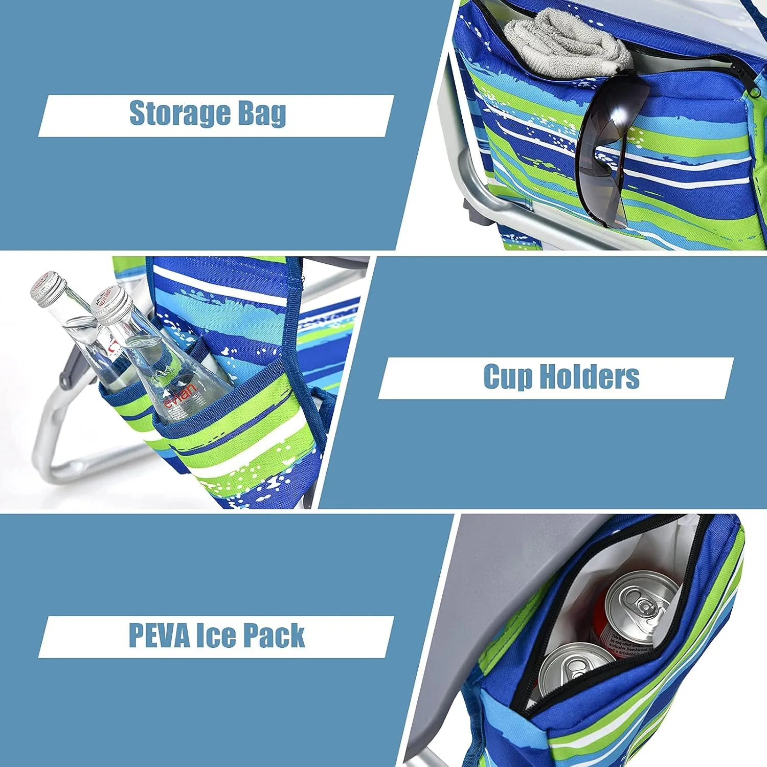 Giantex Folding Beach Chair, Patio Sling Chairs with 5 Adjustable Position, Head Pillow, Storage Bag, Towel Bar, Cup Holders, Backpack Chairs for Sunbathing, Camping Chair