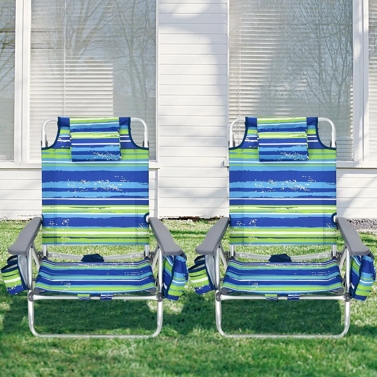 Giantex Folding Beach Chair, Patio Sling Chairs with 5 Adjustable Position, Head Pillow, Storage Bag, Towel Bar, Cup Holders, Backpack Chairs for Sunbathing, Camping Chair
