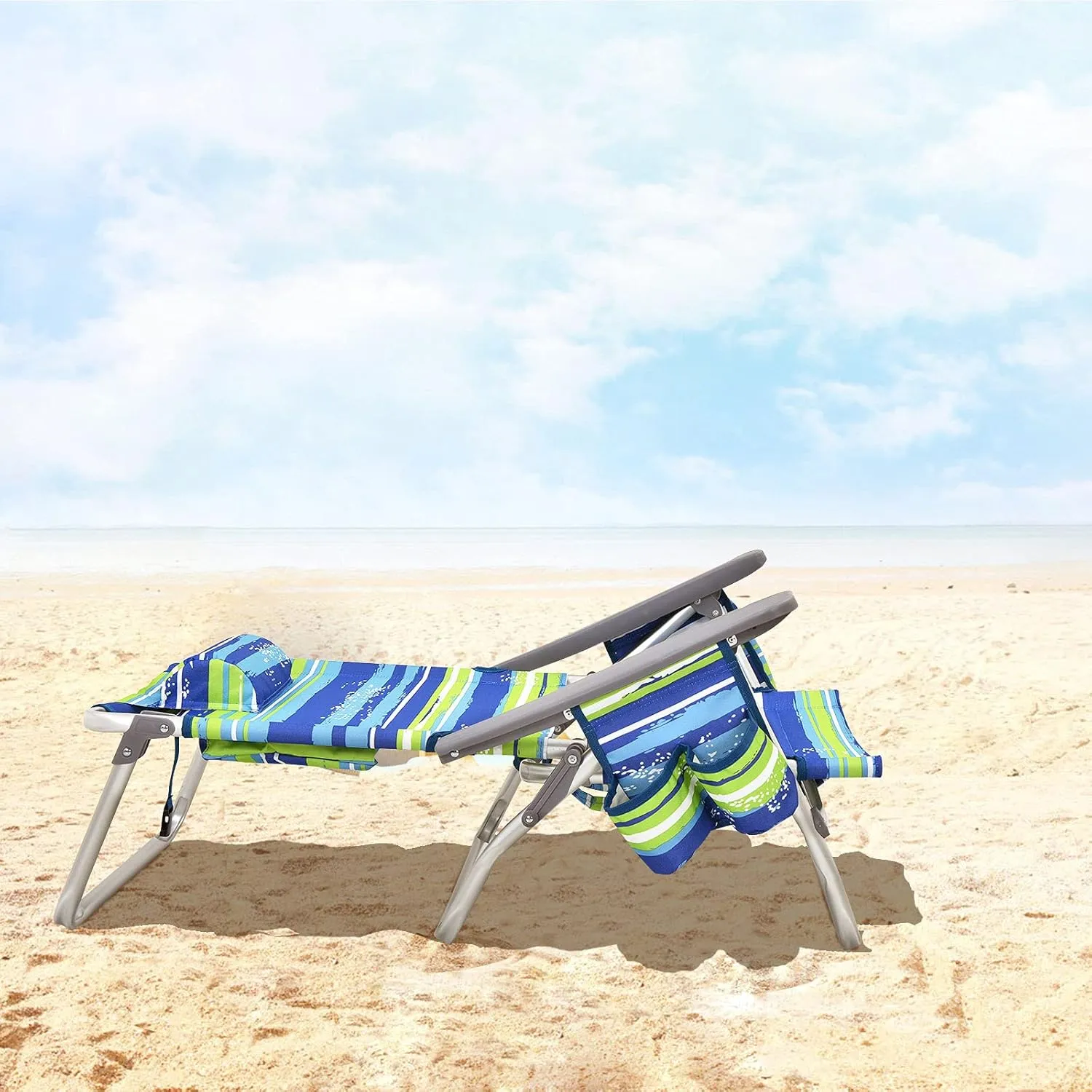 Giantex Folding Beach Chair, Patio Sling Chairs with 5 Adjustable Position, Head Pillow, Storage Bag, Towel Bar, Cup Holders, Backpack Chairs for Sunbathing, Camping Chair