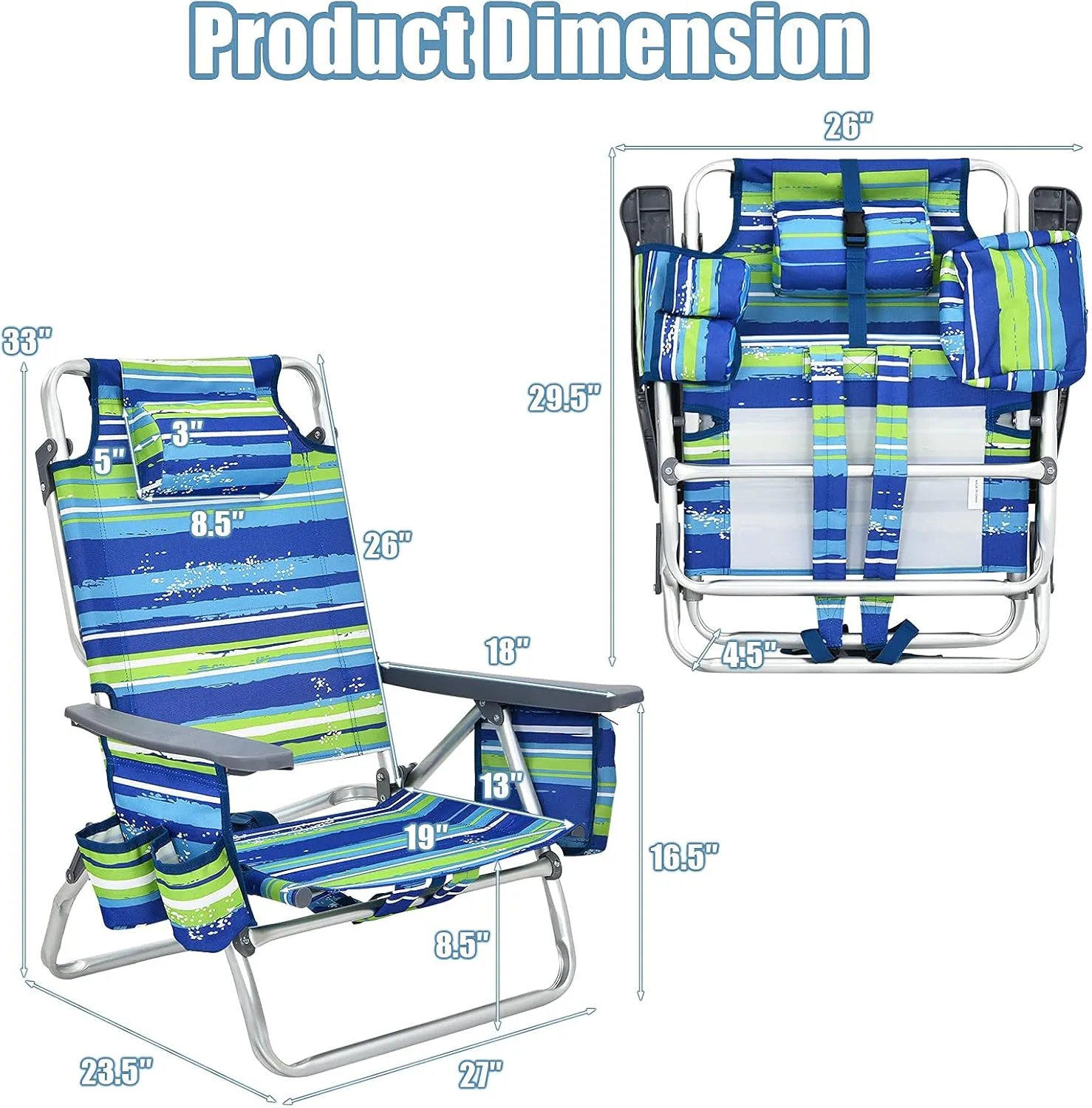 Giantex Folding Beach Chair, Patio Sling Chairs with 5 Adjustable Position, Head Pillow, Storage Bag, Towel Bar, Cup Holders, Backpack Chairs for Sunbathing, Camping Chair