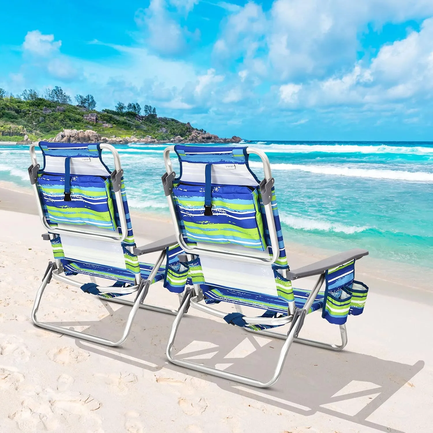 Giantex Folding Beach Chair, Patio Sling Chairs with 5 Adjustable Position, Head Pillow, Storage Bag, Towel Bar, Cup Holders, Backpack Chairs for Sunbathing, Camping Chair