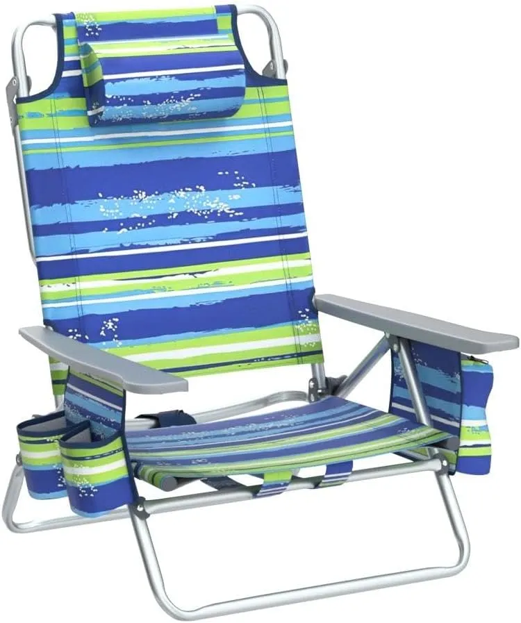 Giantex Folding Beach Chair, Patio Sling Chairs with 5 Adjustable Position, Head Pillow, Storage Bag, Towel Bar, Cup Holders, Backpack Chairs for Sunbathing, Camping Chair