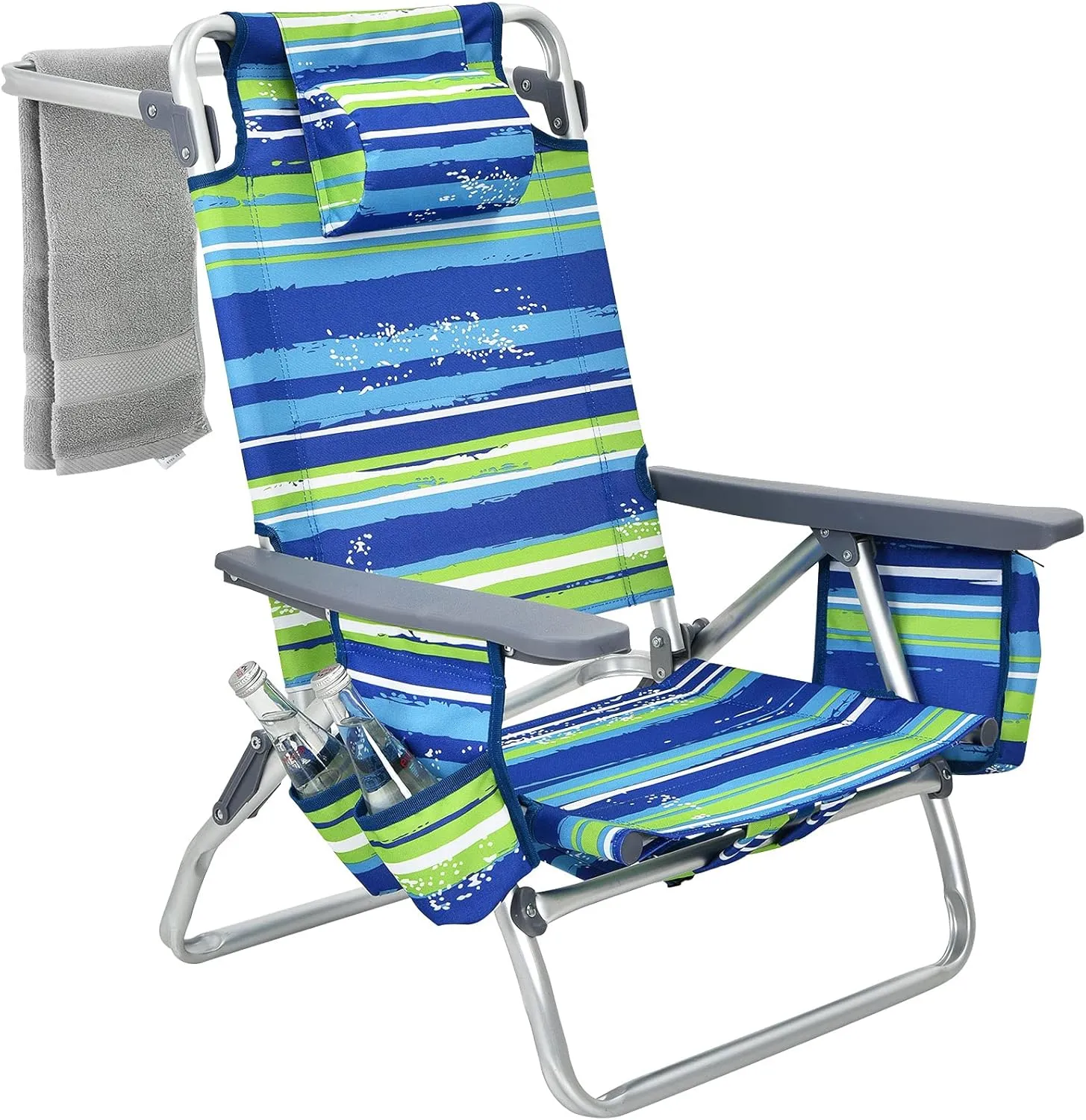 Giantex Folding Beach Chair, Patio Sling Chairs with 5 Adjustable Position, Head Pillow, Storage Bag, Towel Bar, Cup Holders, Backpack Chairs for Sunbathing, Camping Chair