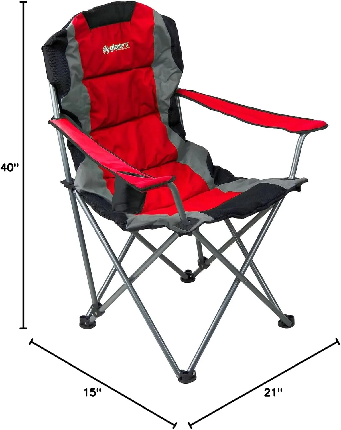 GigaTent Red Folding Camping Chair – Ultra Lightweight Collapsible Quad Padded Lawn Seat with Full Back, Arm Rests, Cup Holder and Shoulder Strap Carrying Bag – Powder Coated Steel Frame