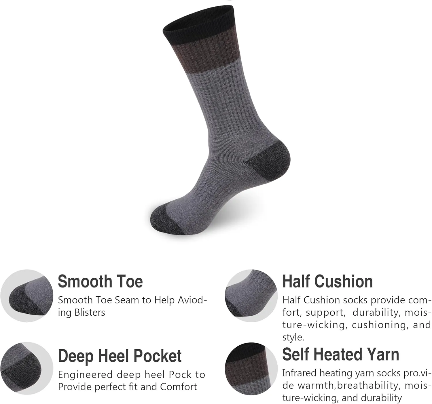 GKX Men's Merino Wool Moisture Wicking Outdoor Hiking Trekking Work Cushion Crew Socks 9-11,10-13
